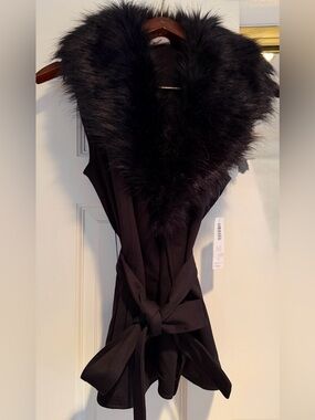 Chico's Black Faux Fur Collar Tie-Waist Vest
